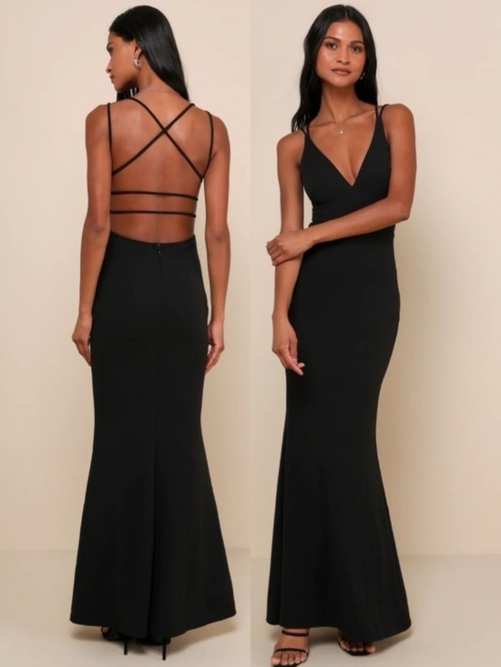NWT Lulu’s All This Allure Black Strappy Backless Mermaid Maxi Dress Medium Chic